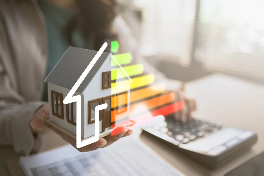 House with solar panels and a colored energy-efficiency gauge ranging from green to red